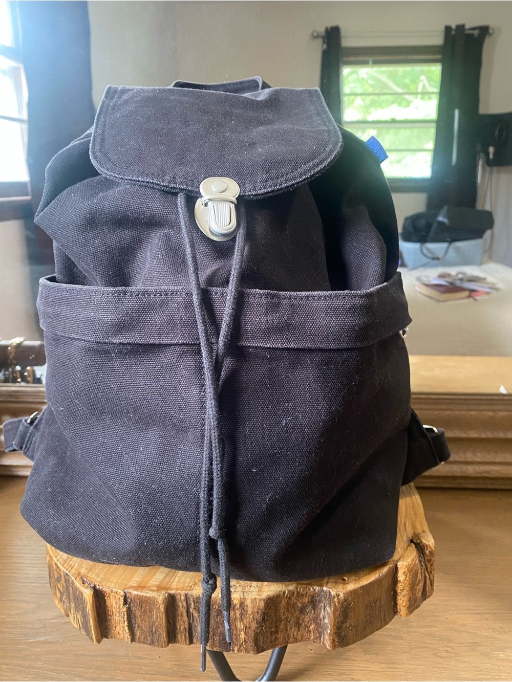 BAGGU Black Canvas Drawstring Backpack with Flap